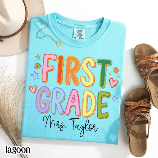 Custom Comfort Colors® First Grade Teacher Shirt First Day 1st Grade Matching Group T-Shirt Colorful Cute Educator Back to School Outfit