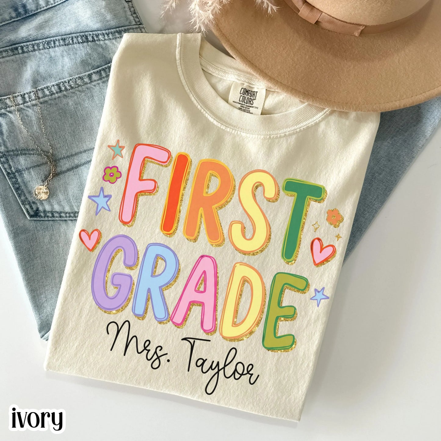 Custom Comfort Colors® First Grade Teacher Shirt First Day 1st Grade Matching Group T-Shirt Colorful Cute Educator Back to School Outfit