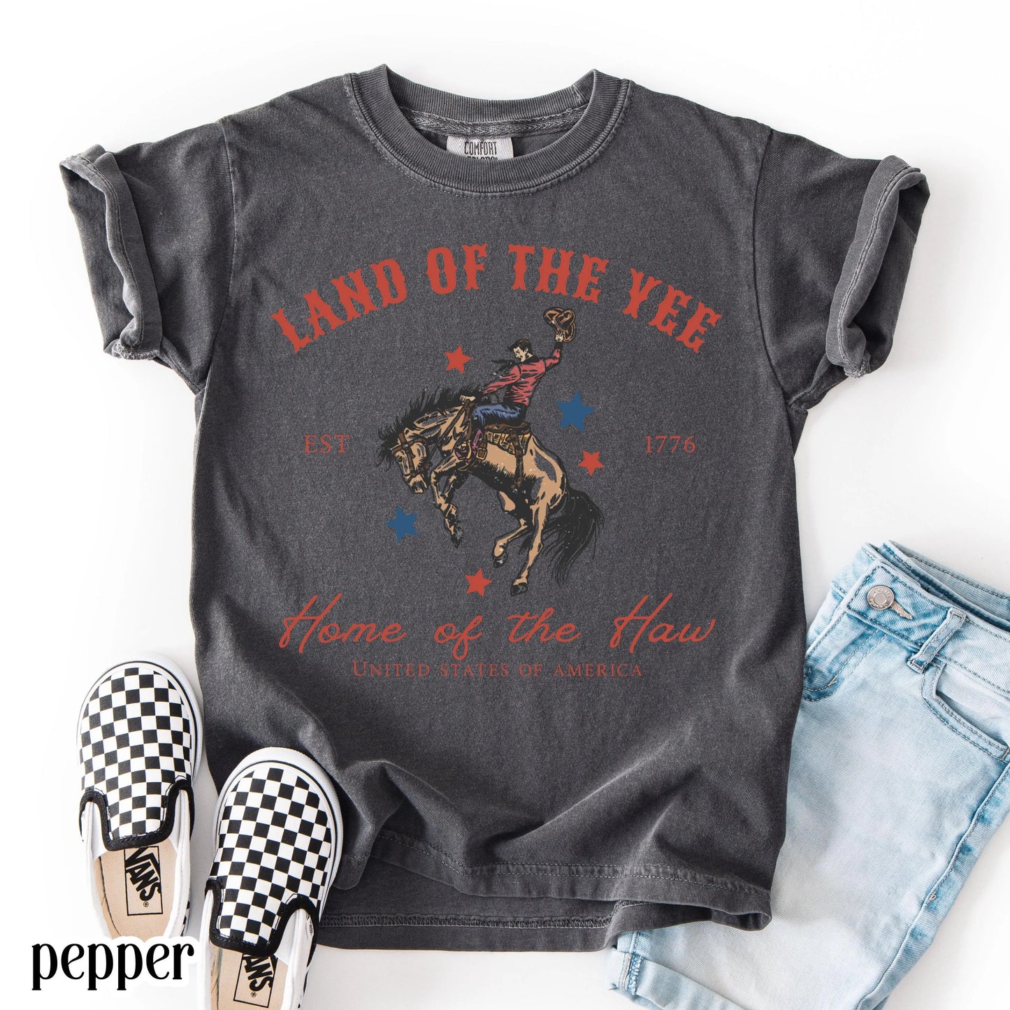 Comfort Colors Kids 4th of July Shirt, Youth USA Shirt, Kids Western Shirt, Rodeo Fourth of July Tee, Land of the Yee, Home of The Haw Shirt
