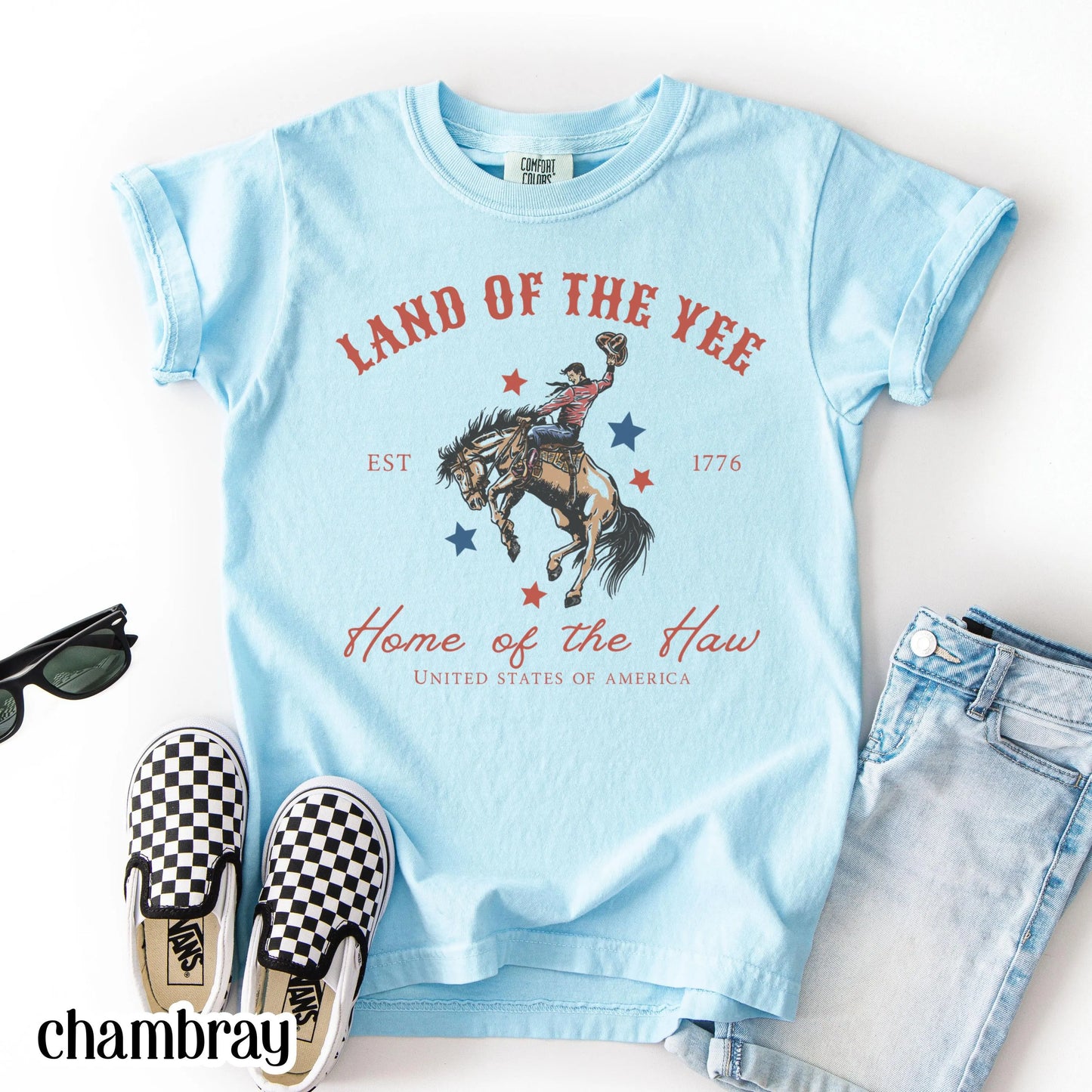 Comfort Colors Kids 4th of July Shirt, Youth USA Shirt, Kids Western Shirt, Rodeo Fourth of July Tee, Land of the Yee, Home of The Haw Shirt
