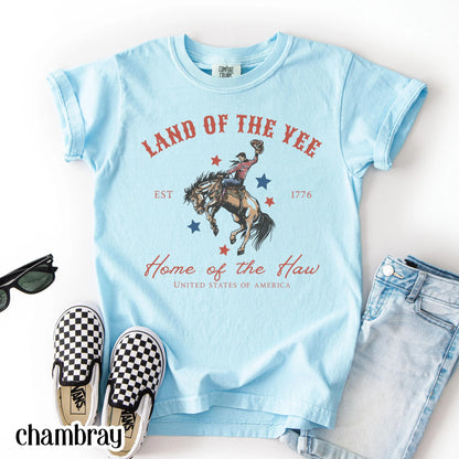 Comfort Colors Kids 4th of July Shirt, Youth USA Shirt, Kids Western Shirt, Rodeo Fourth of July Tee, Land of the Yee, Home of The Haw Shirt