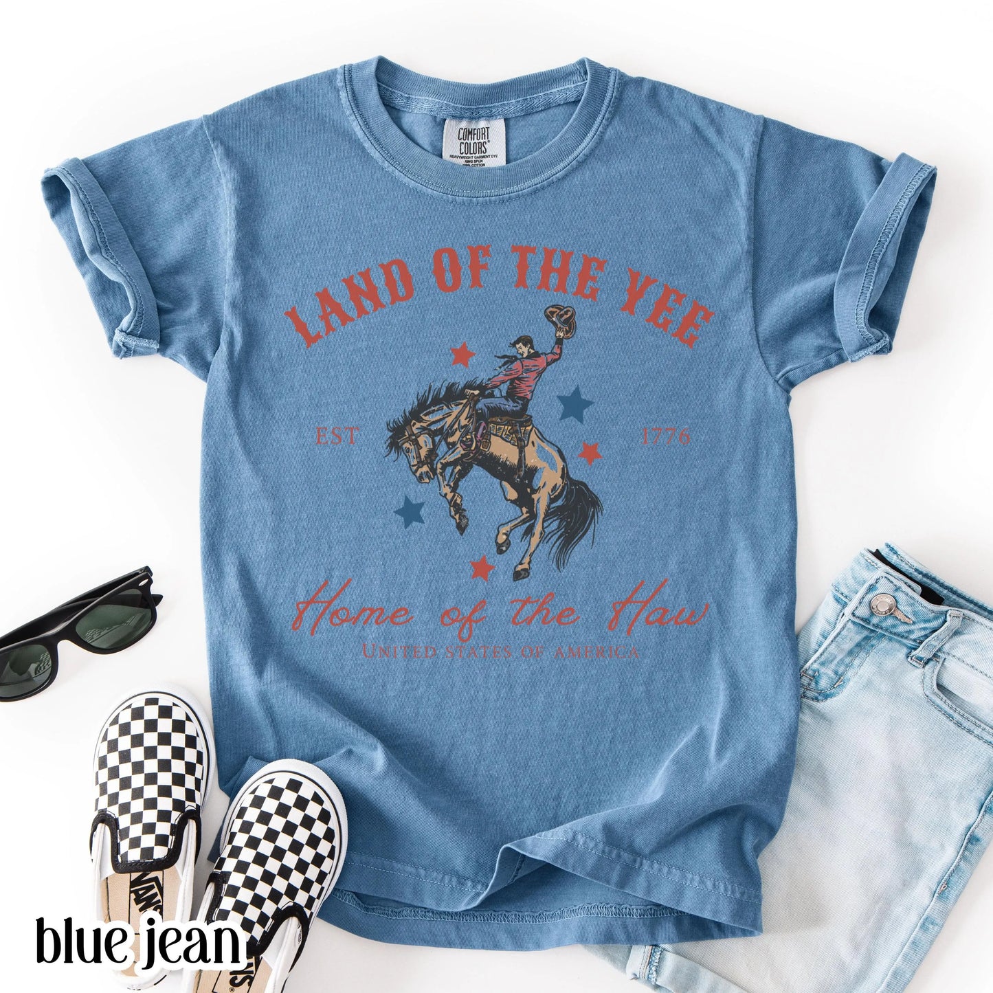 Comfort Colors Kids 4th of July Shirt, Youth USA Shirt, Kids Western Shirt, Rodeo Fourth of July Tee, Land of the Yee, Home of The Haw Shirt