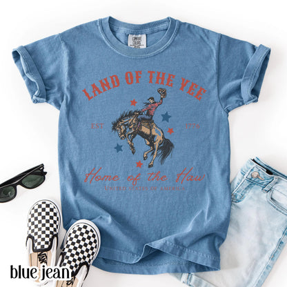 Comfort Colors Kids 4th of July Shirt, Youth USA Shirt, Kids Western Shirt, Rodeo Fourth of July Tee, Land of the Yee, Home of The Haw Shirt