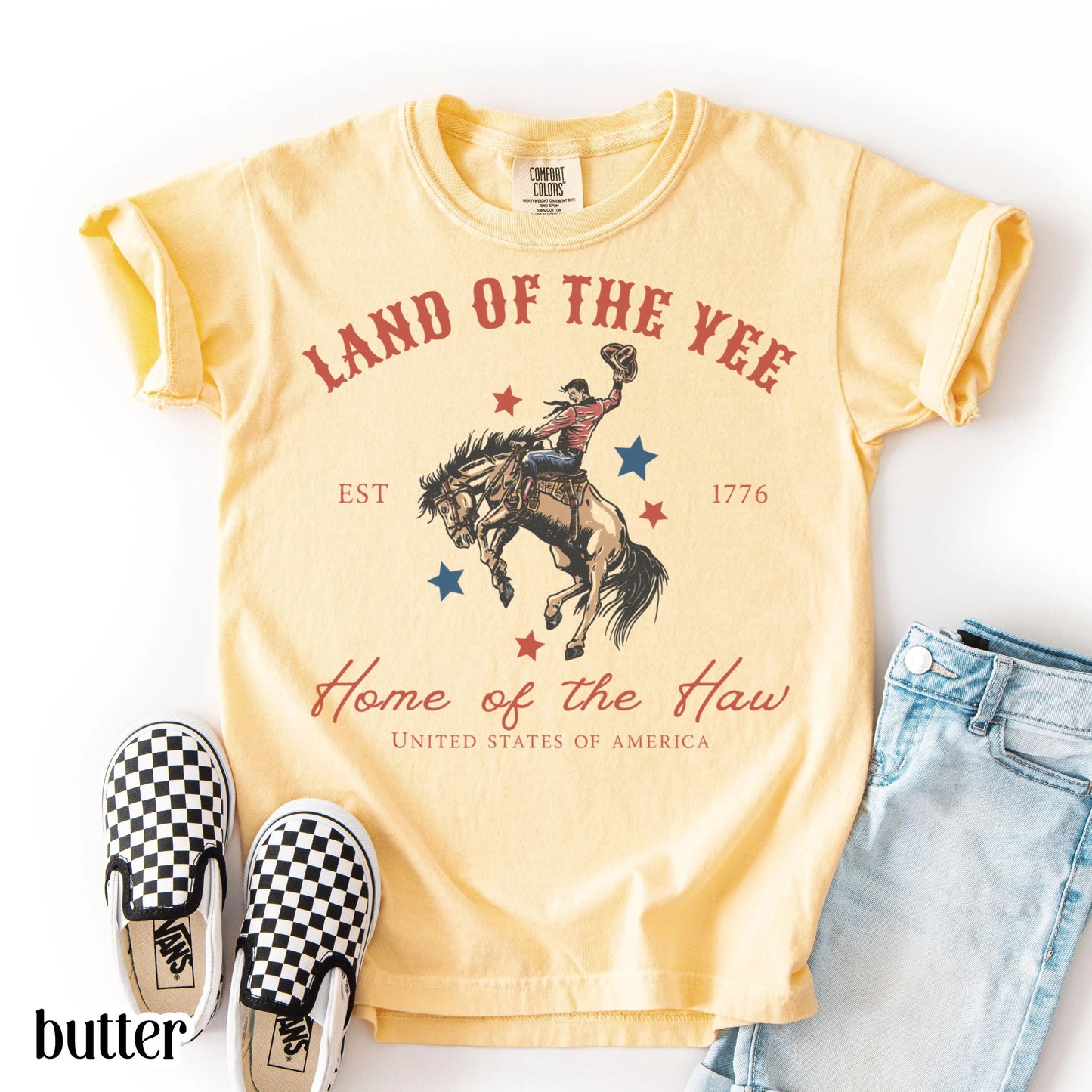 Comfort Colors Kids 4th of July Shirt, Youth USA Shirt, Kids Western Shirt, Rodeo Fourth of July Tee, Land of the Yee, Home of The Haw Shirt