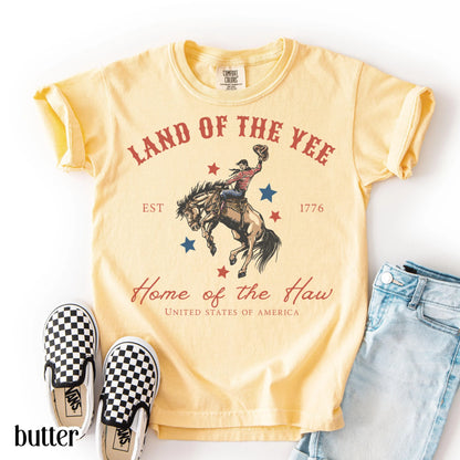 Comfort Colors Kids 4th of July Shirt, Youth USA Shirt, Kids Western Shirt, Rodeo Fourth of July Tee, Land of the Yee, Home of The Haw Shirt