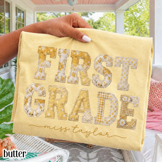 Comfort Colors® First Grade Teacher Shirt 1st Grade Matching Group T-Shirt Floral Yellow Faux Patchwork Educator Back to School Team Tee