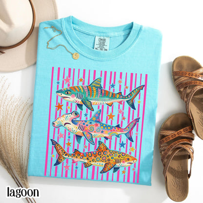 Comfort Colors® Shark Shirt Aesthetic Tropical Ocean Graphic Tee Bright Marine Life Coastal TShirt Summer Beach Shark Week Lover T-Shirt