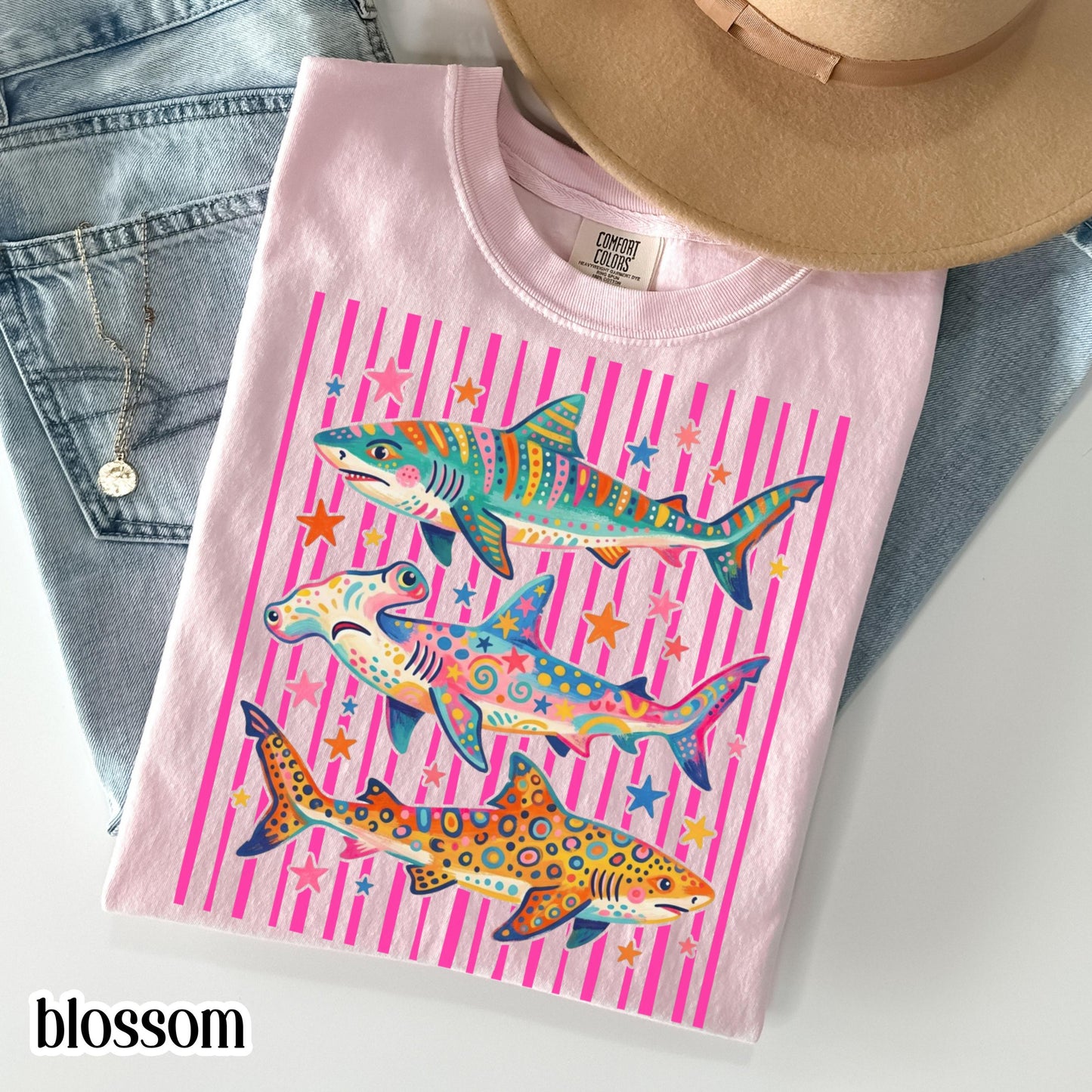 Comfort Colors® Shark Shirt Aesthetic Tropical Ocean Graphic Tee Bright Marine Life Coastal TShirt Summer Beach Shark Week Lover T-Shirt