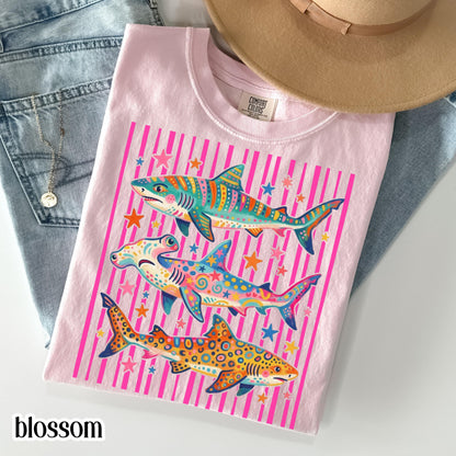Comfort Colors® Shark Shirt Aesthetic Tropical Ocean Graphic Tee Bright Marine Life Coastal TShirt Summer Beach Shark Week Lover T-Shirt