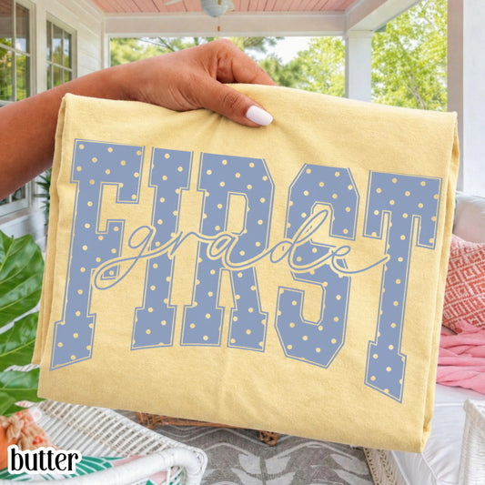 First Grade Comfort Colors® Shirt Blue Polka Dots Teacher Tee Cottagecore Aesthetic 1st Grade TShirt For Back to School Educator T-shirt