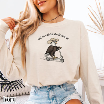Fourth of July Comfort Colors® Shirt Eagle Off to Celebrate Freedom T-Shirt 4th Of July Cowboy Scooter Bird 250 America Anniversary Tee