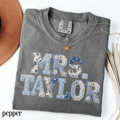Custom Teacher Name Comfort Colors® Shirt Kindergarten Teacher T-shirt First Day 1st Grade Matching TShirt Floral Blue Faux Patchwork Tee