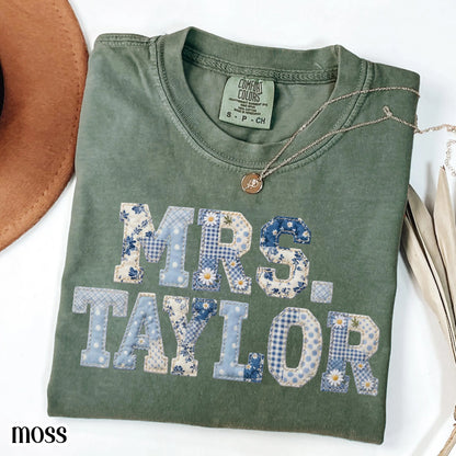 Custom Teacher Name Comfort Colors® Shirt Kindergarten Teacher T-shirt First Day 1st Grade Matching TShirt Floral Blue Faux Patchwork Tee