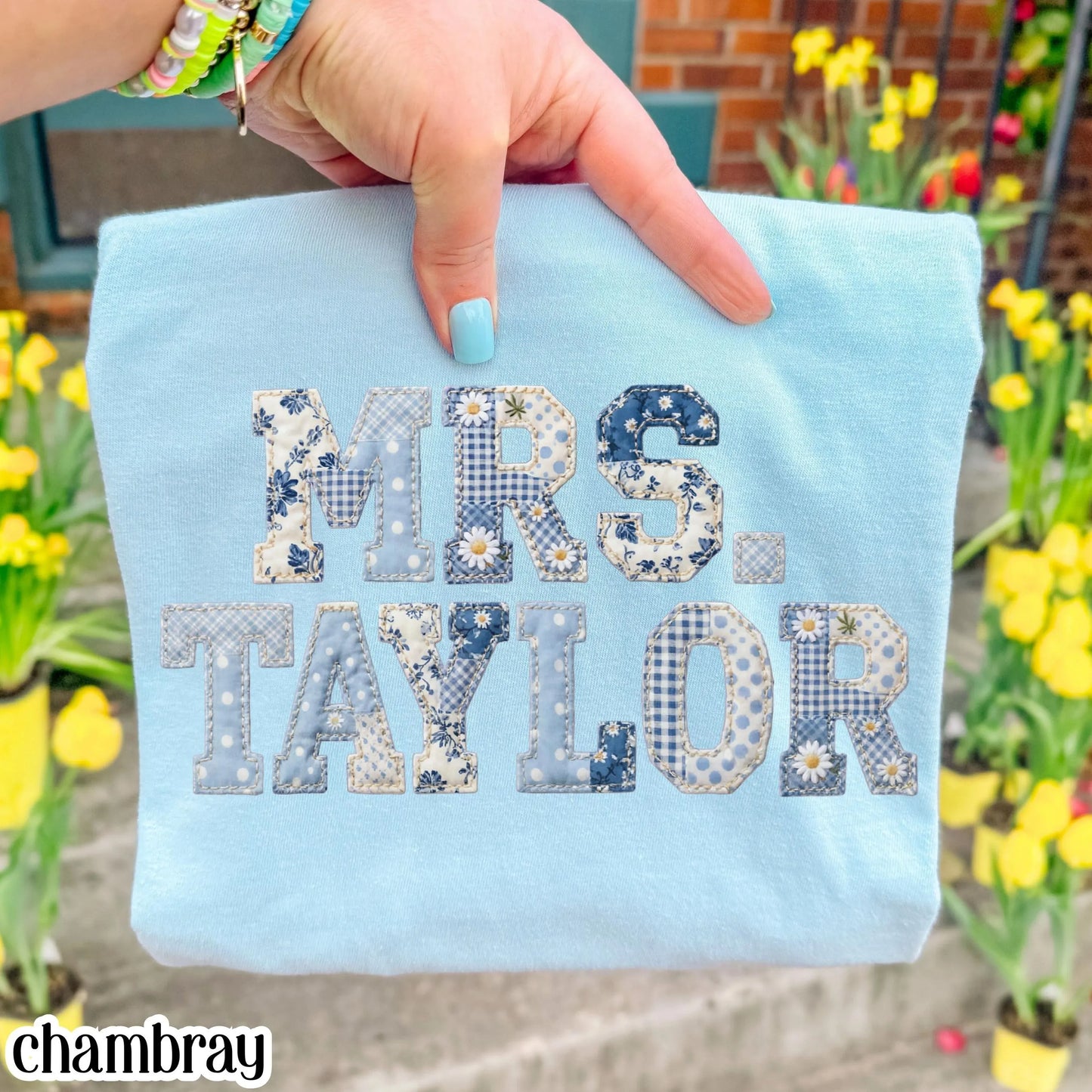 Custom Teacher Name Comfort Colors® Shirt Kindergarten Teacher T-shirt First Day 1st Grade Matching TShirt Floral Blue Faux Patchwork Tee