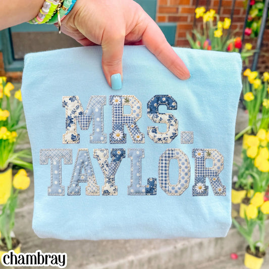 Custom Teacher Name Comfort Colors® Shirt Kindergarten Teacher T-shirt First Day 1st Grade Matching TShirt Floral Blue Faux Patchwork Tee