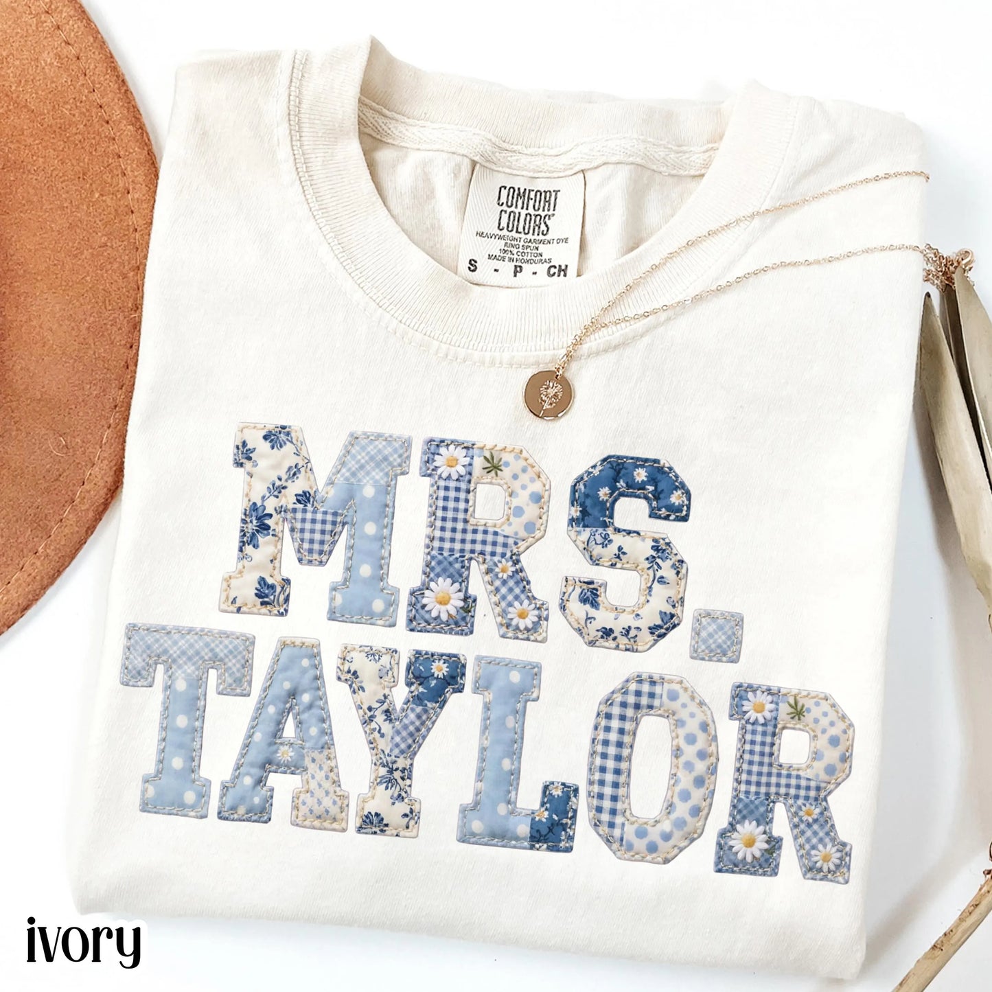 Custom Teacher Name Comfort Colors® Shirt Kindergarten Teacher T-shirt First Day 1st Grade Matching TShirt Floral Blue Faux Patchwork Tee