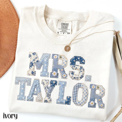 Custom Teacher Name Comfort Colors® Shirt Kindergarten Teacher T-shirt First Day 1st Grade Matching TShirt Floral Blue Faux Patchwork Tee