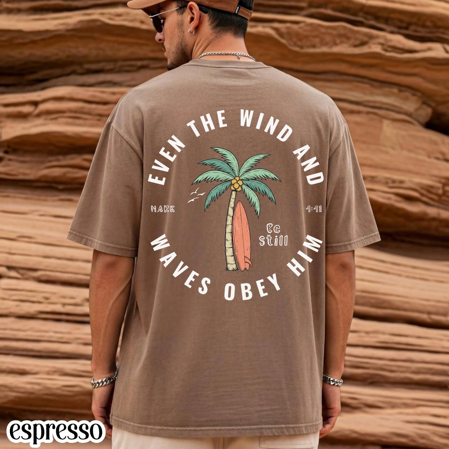 Christian Comfort Colors® Shirt Even The Wind And Waves Obey Him Mark 4:41 Tee Surfboard Palm Tree TShirt Mens Summer Faith Based T-Shirt