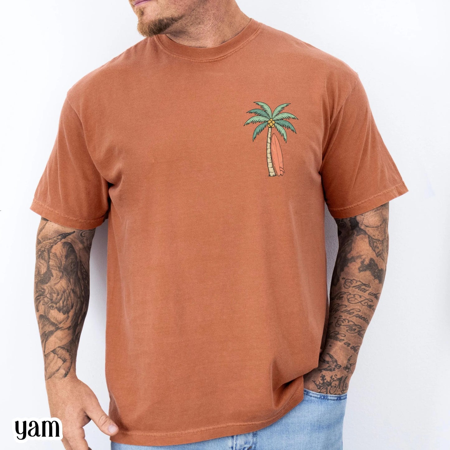 Christian Comfort Colors® Shirt Even The Wind And Waves Obey Him Mark 4:41 Tee Surfboard Palm Tree TShirt Mens Summer Faith Based T-Shirt