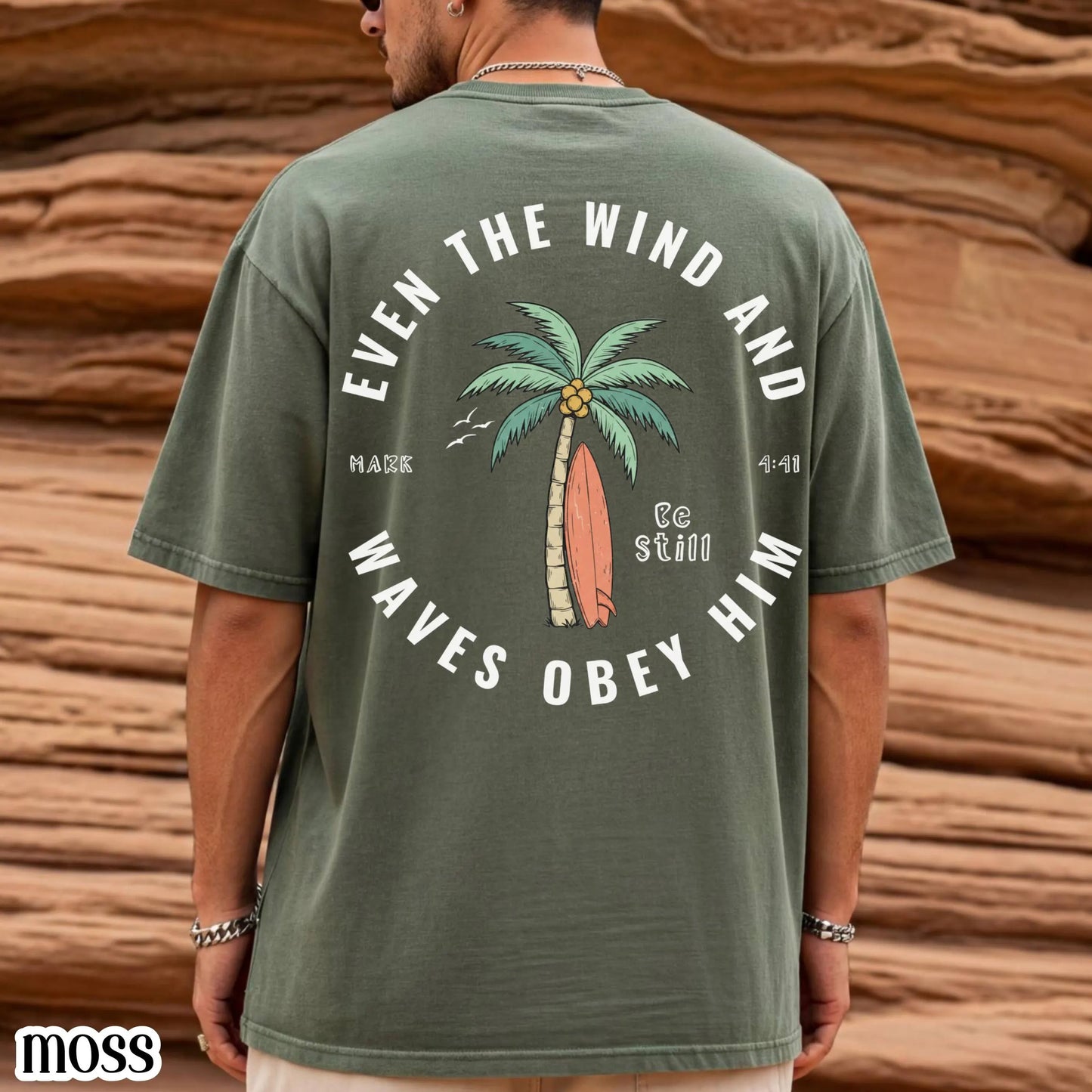 Christian Comfort Colors® Shirt Even The Wind And Waves Obey Him Mark 4:41 Tee Surfboard Palm Tree TShirt Mens Summer Faith Based T-Shirt