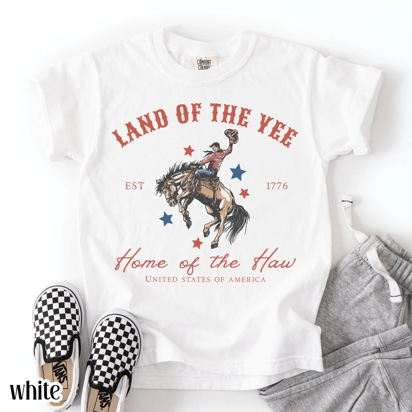 Comfort Colors Kids 4th of July Shirt, Youth USA Shirt, Kids Western Shirt, Rodeo Fourth of July Tee, Land of the Yee, Home of The Haw Shirt
