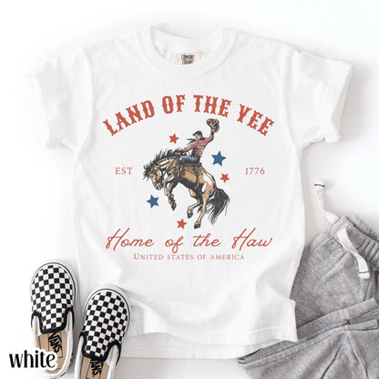 Comfort Colors Kids 4th of July Shirt, Youth USA Shirt, Kids Western Shirt, Rodeo Fourth of July Tee, Land of the Yee, Home of The Haw Shirt