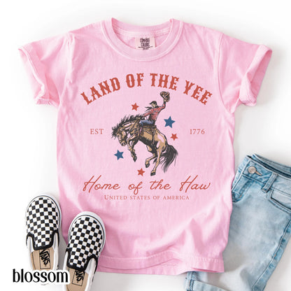Comfort Colors Kids 4th of July Shirt, Youth USA Shirt, Kids Western Shirt, Rodeo Fourth of July Tee, Land of the Yee, Home of The Haw Shirt