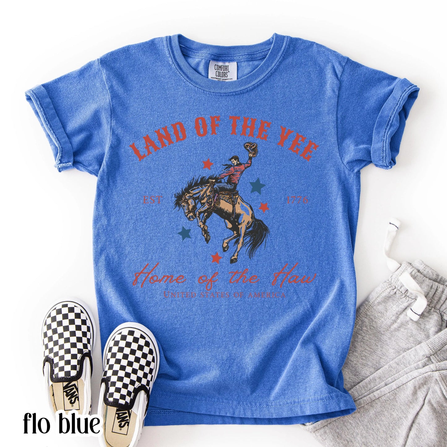 Comfort Colors Kids 4th of July Shirt, Youth USA Shirt, Kids Western Shirt, Rodeo Fourth of July Tee, Land of the Yee, Home of The Haw Shirt