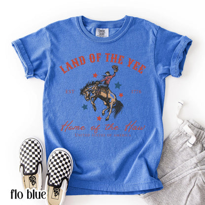 Comfort Colors Kids 4th of July Shirt, Youth USA Shirt, Kids Western Shirt, Rodeo Fourth of July Tee, Land of the Yee, Home of The Haw Shirt