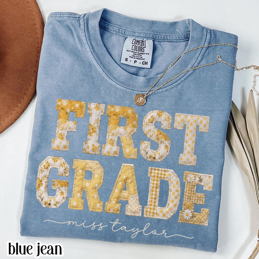 Comfort Colors® First Grade Teacher Shirt 1st Grade Matching Group T-Shirt Floral Yellow Faux Patchwork Educator Back to School Team Tee