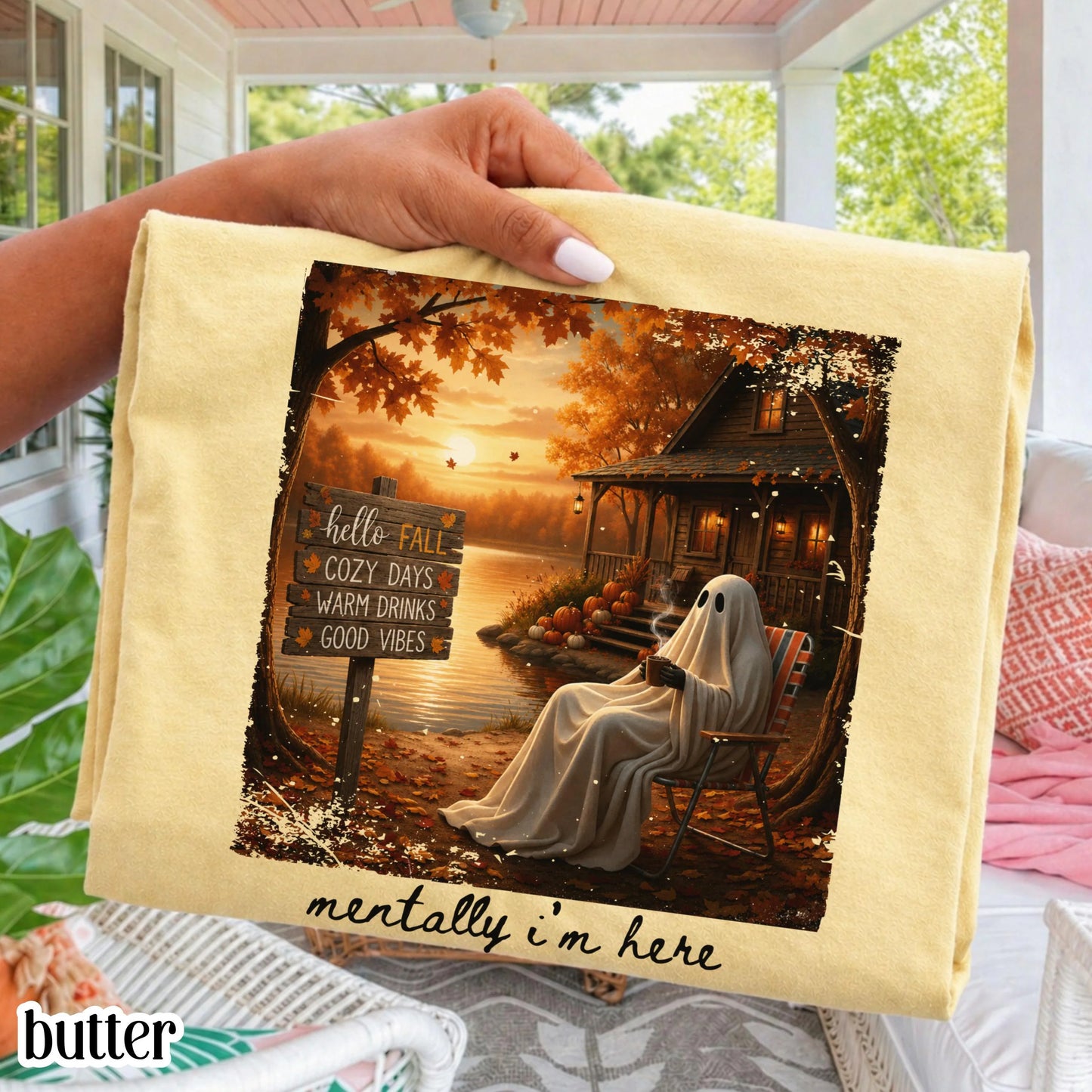 Summerween Ghost Comfort Colors Shirt Mentally I'm Here Cute Fall Tee Cozy Autumn Vibes Pumpkin Season TShirt Trendy Halloween Lover T-Shirt