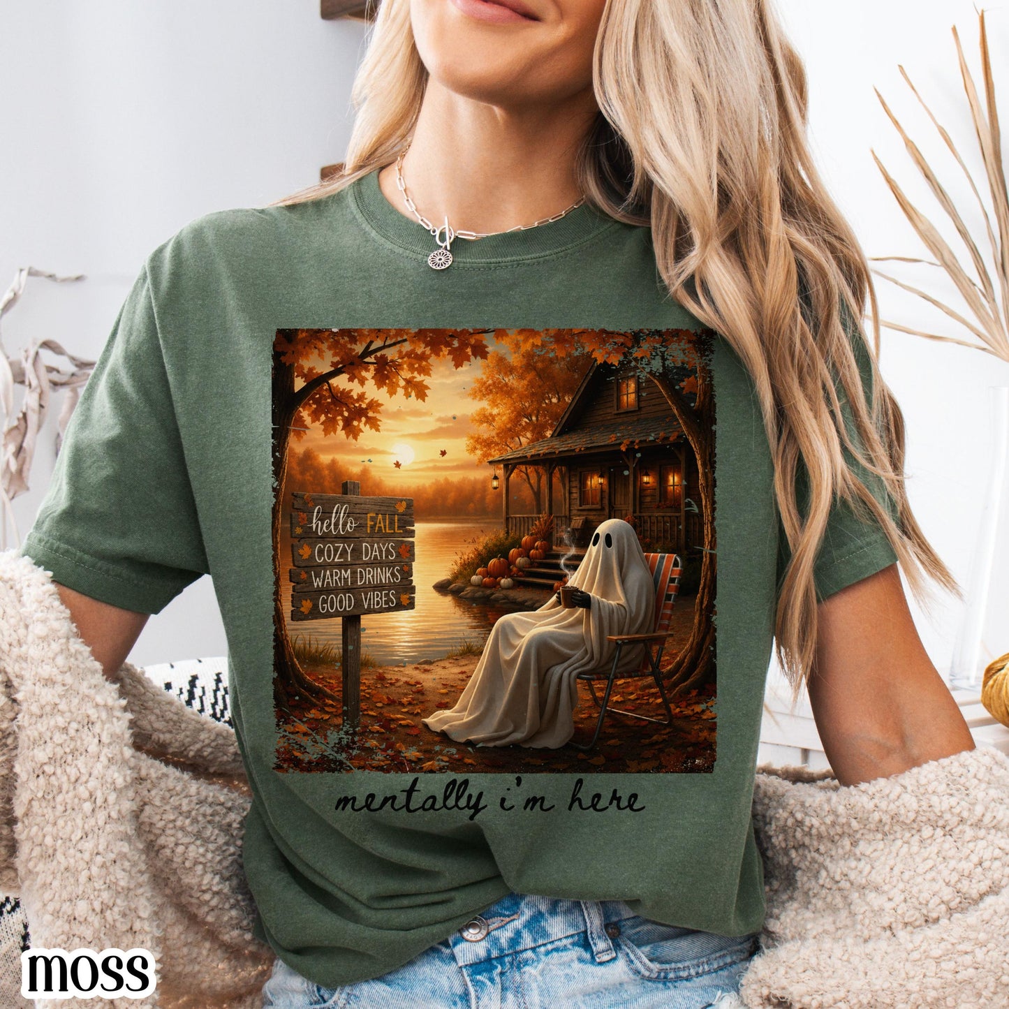 Summerween Ghost Comfort Colors Shirt Mentally I'm Here Cute Fall Tee Cozy Autumn Vibes Pumpkin Season TShirt Trendy Halloween Lover T-Shirt