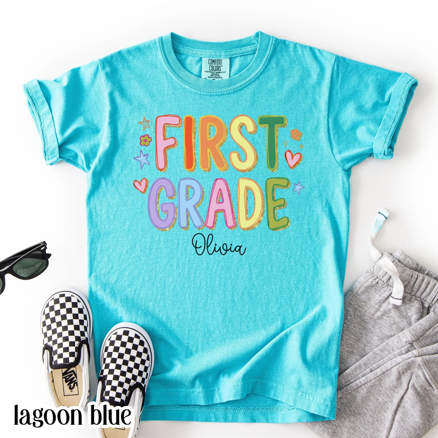 Youth First Grade Comfort Colors® Shirt Colorful Custom Name Elementary School TShirt Kids 1st Grade Back to School Outfit For First Day