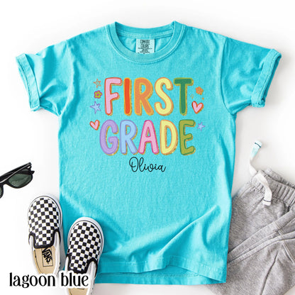 Youth First Grade Comfort Colors® Shirt Colorful Custom Name Elementary School TShirt Kids 1st Grade Back to School Outfit For First Day