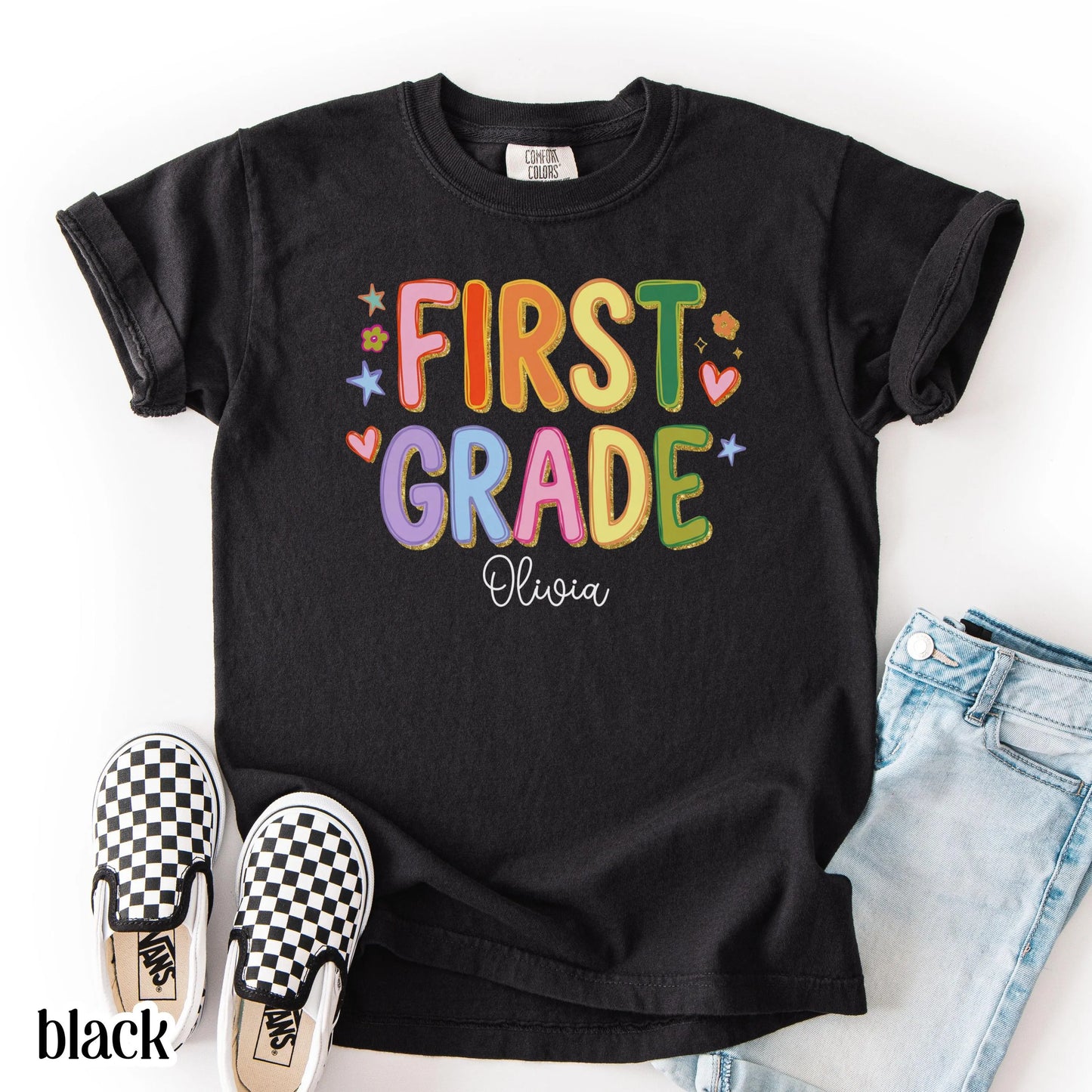 Youth First Grade Comfort Colors® Shirt Colorful Custom Name Elementary School TShirt Kids 1st Grade Back to School Outfit For First Day