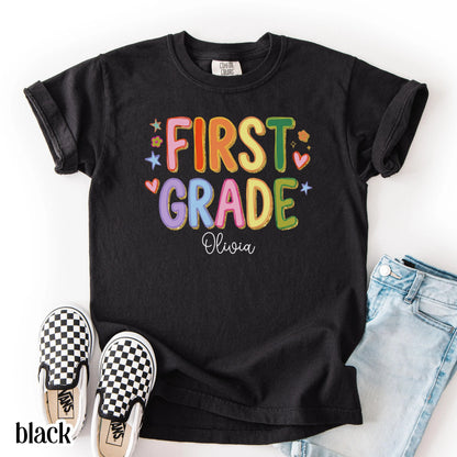 Youth First Grade Comfort Colors® Shirt Colorful Custom Name Elementary School TShirt Kids 1st Grade Back to School Outfit For First Day