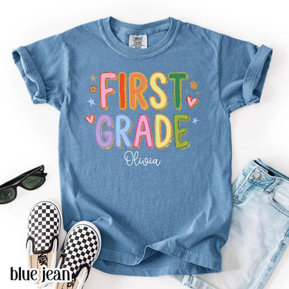 Youth First Grade Comfort Colors® Shirt Colorful Custom Name Elementary School TShirt Kids 1st Grade Back to School Outfit For First Day