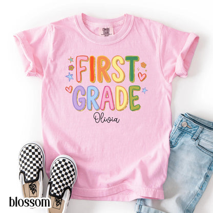 Youth First Grade Comfort Colors® Shirt Colorful Custom Name Elementary School TShirt Kids 1st Grade Back to School Outfit For First Day
