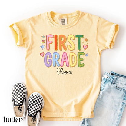 Youth First Grade Comfort Colors® Shirt Colorful Custom Name Elementary School TShirt Kids 1st Grade Back to School Outfit For First Day