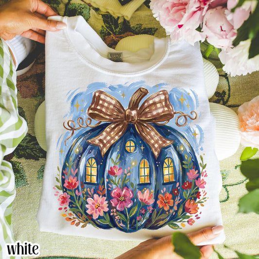 Pumpkin Sweatshirt Halloween Spooky Season Vintage Autumn Sweater Blue Floral Cottagecore Crewneck Retro Flower Bow Fall Cozy Pullover