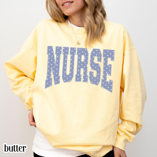 Nurse Comfort Colors® Sweatshirt Blue Polka Dots Nurse Sweater Cottagecore Aesthetic Nurse PICU Healthcare Worker Gift RN Nurse Crewneck