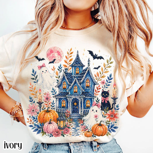 Halloween Haunted House Comfort Colors® Shirt Spooky Ghost Pumpkin Floral Cottage Tee Blue Brushstroke TShirt Fall Black Cat T-Shirt