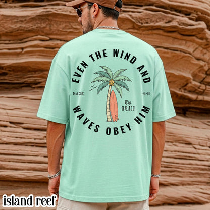 Christian Comfort Colors® Shirt Even The Wind And Waves Obey Him Mark 4:41 Tee Surfboard Palm Tree TShirt Mens Summer Faith Based T-Shirt