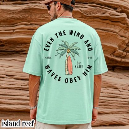 Christian Comfort Colors® Shirt Even The Wind And Waves Obey Him Mark 4:41 Tee Surfboard Palm Tree TShirt Mens Summer Faith Based T-Shirt