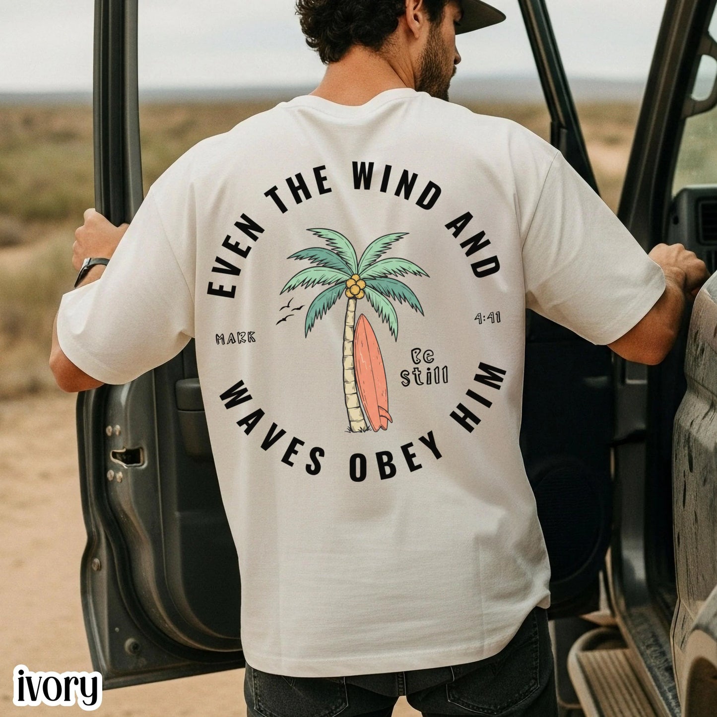 Christian Comfort Colors® Shirt Even The Wind And Waves Obey Him Mark 4:41 Tee Surfboard Palm Tree TShirt Mens Summer Faith Based T-Shirt