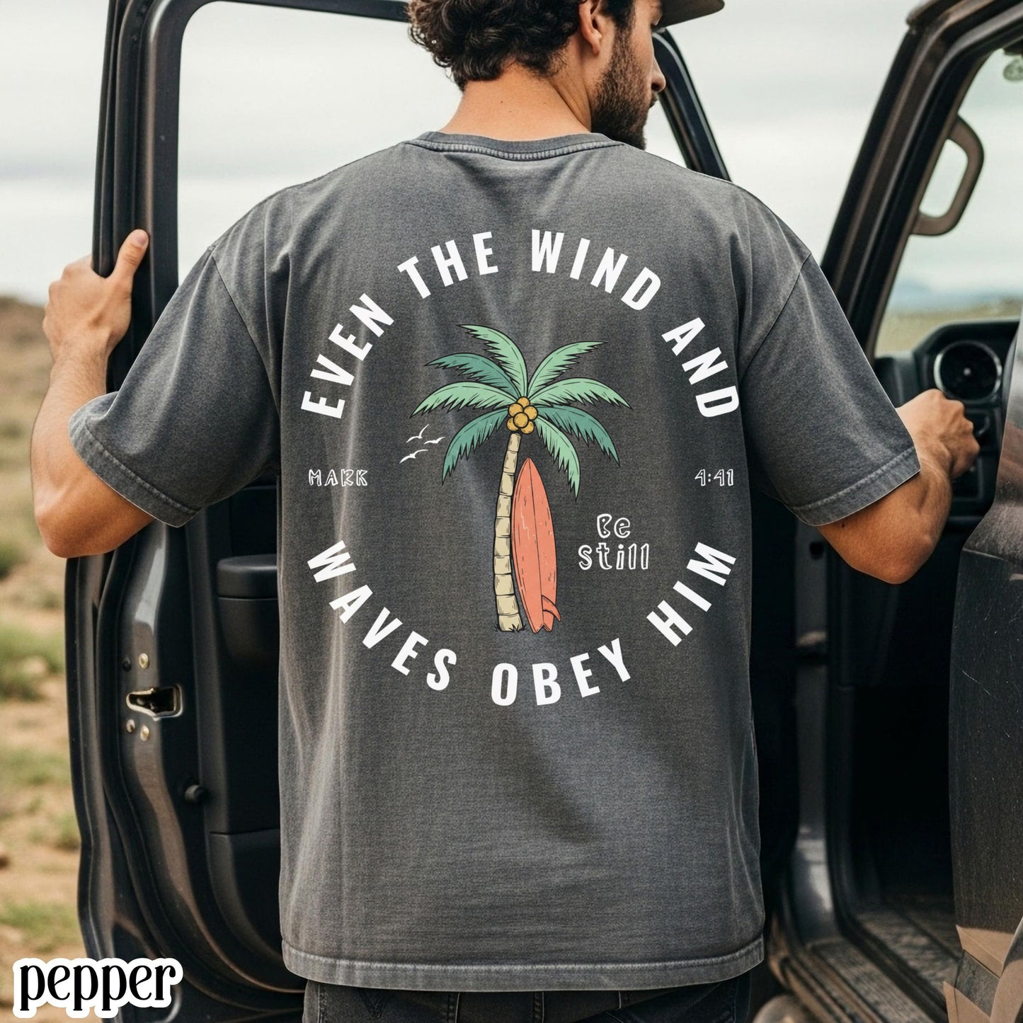 Christian Comfort Colors® Shirt Even The Wind And Waves Obey Him Mark 4:41 Tee Surfboard Palm Tree TShirt Mens Summer Faith Based T-Shirt