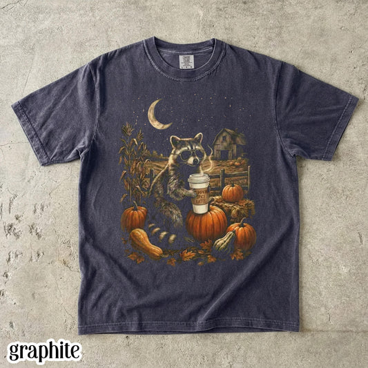 Comfort Colors® Pumpkin Shirt Halloween Raccoon Spooky Season Tee Vintage Autumn I Live Here Now T-Shirt Pumpkin Spice Latte Coffee Shirt