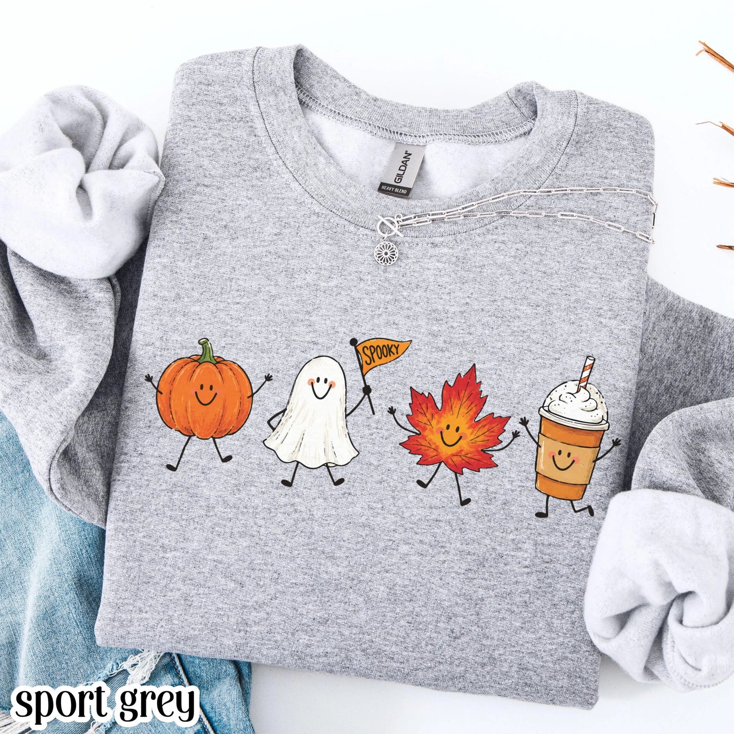 Fall Doodle Sweatshirt Cute Cozy Autumn Vibes Sweater Spooky Season Halloween Crewneck Summerween Pumpkin Ghost Maple Leaf Latte Pullover