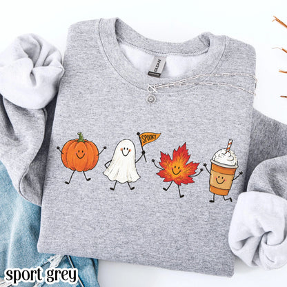 Fall Doodle Sweatshirt Cute Cozy Autumn Vibes Sweater Spooky Season Halloween Crewneck Summerween Pumpkin Ghost Maple Leaf Latte Pullover