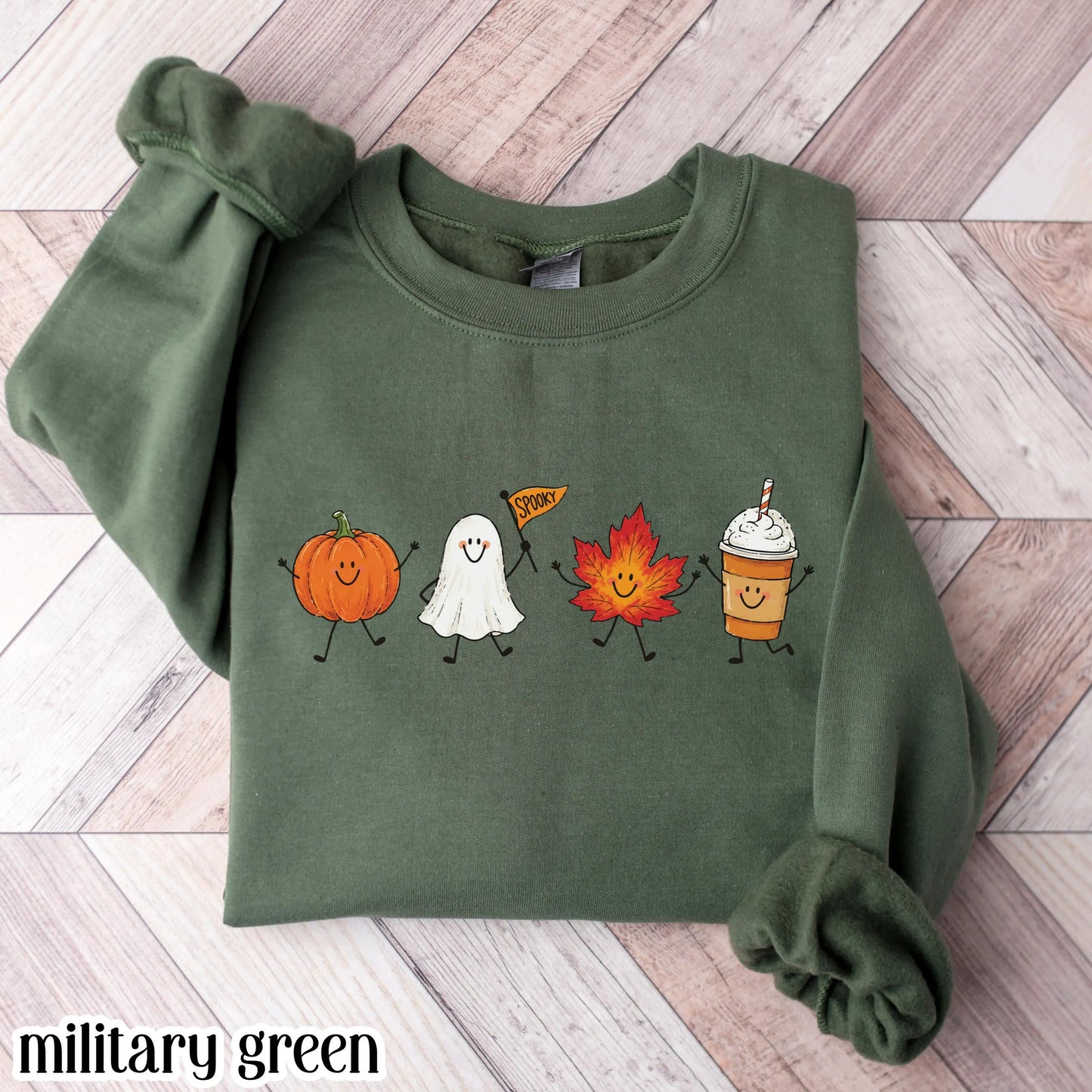 Fall Doodle Sweatshirt Cute Cozy Autumn Vibes Sweater Spooky Season Halloween Crewneck Summerween Pumpkin Ghost Maple Leaf Latte Pullover